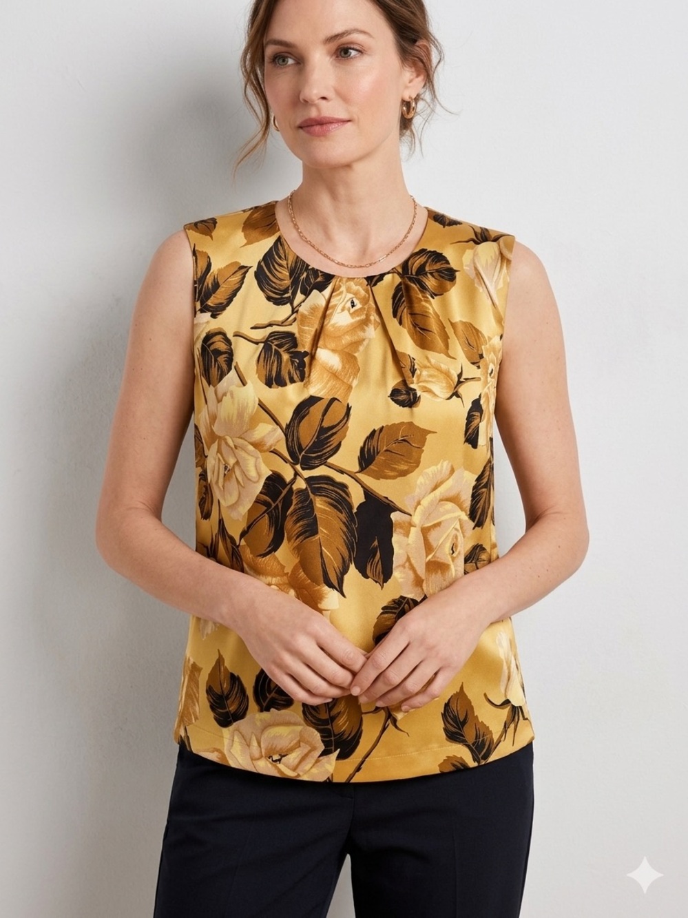Talbots Petites Silk Floral Sleeveless Pleated Neckline Shell Top Size 4P